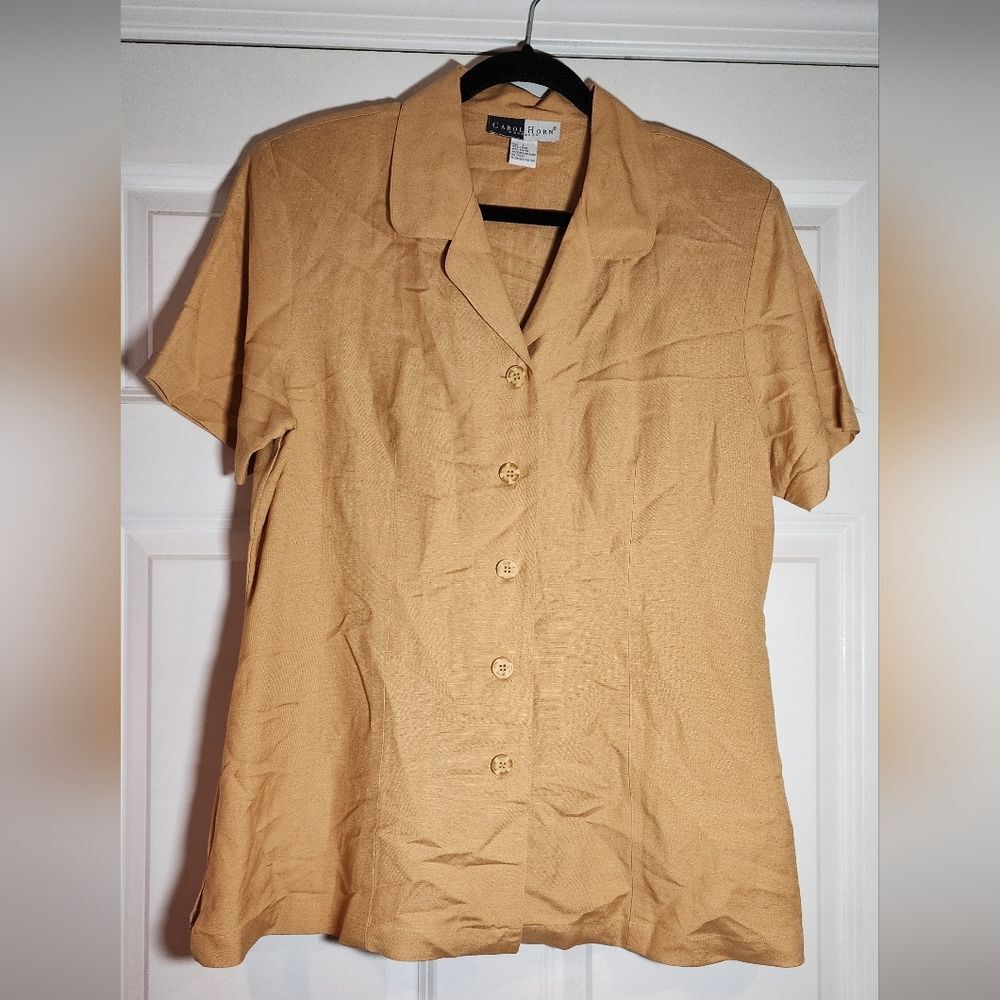 Carol Horn Tan Linen Blend Button Up Short Sleeve Top With Shoulder Pads L